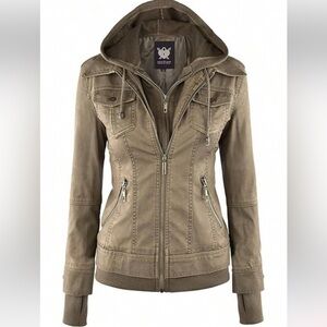 Lock & Love brown faux leather hooded motorcycle jacket size XL